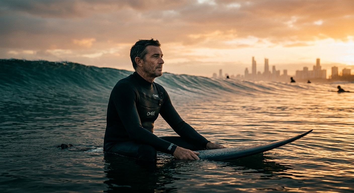 OMBE surfer in the lineup at sunrise